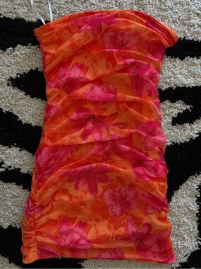 SHEIN Orange Pink Floral Mesh Ruched Strapless Mini Dress Size M